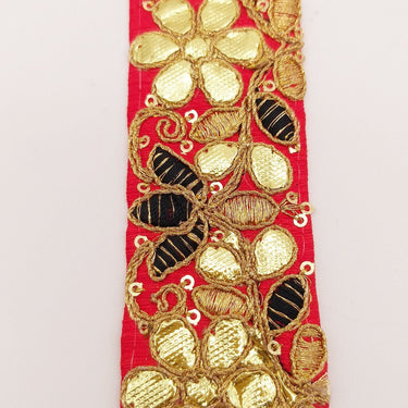 Red Fabric Trim In Black & Gold Floral Embroidery, Gota Patti Trim, Indian Flower Border